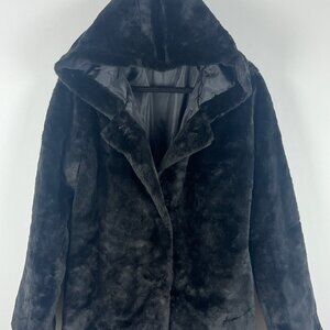 Yi Shang Faux Fur Jacket Size XL Black Hooded Long Sleeve
